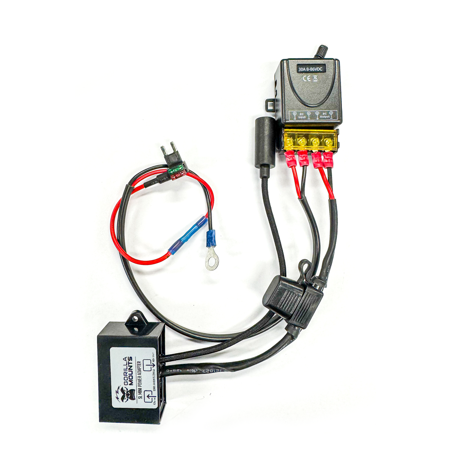 LC300 12 V-to-48 V power adapter and fused wiring loom on a white background