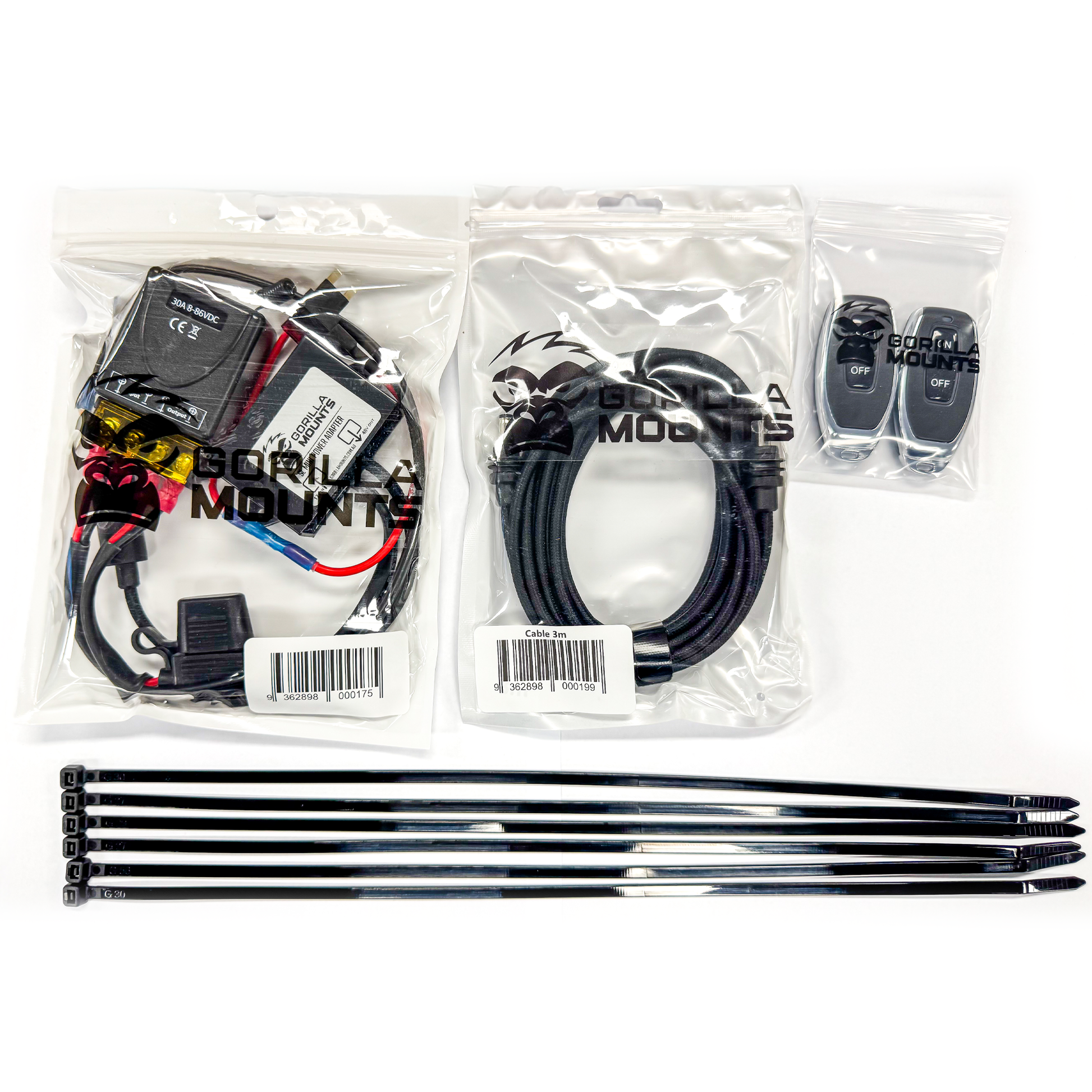 Packaged LC300 power setup with Anderson power adapter, 3 m cable, remote controls and cable ties