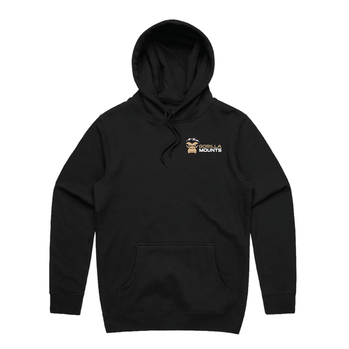 Black Gorilla Mounts pullover hoodie with gorilla face chest logo - bite style, front view