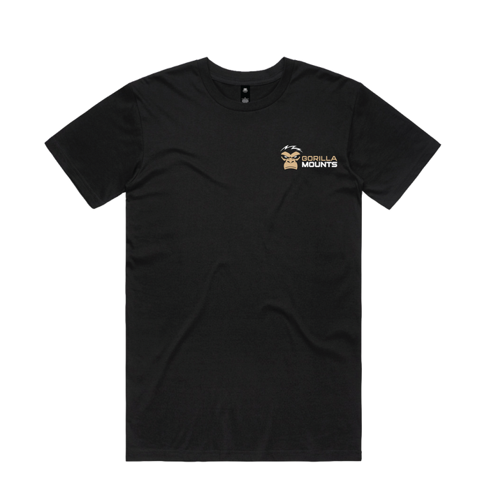 Black Gorilla Mounts long body tee with gorilla face chest logo - bite style, front view