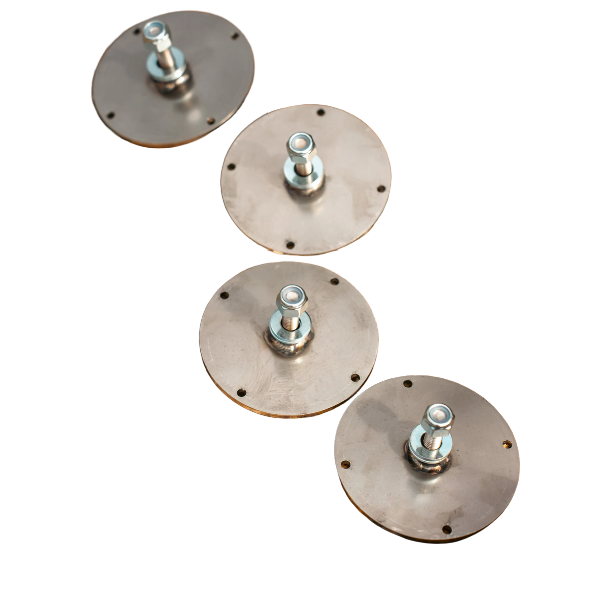 Four round stainless steel CNC mounting plates with M8 bolts and nyloc nuts