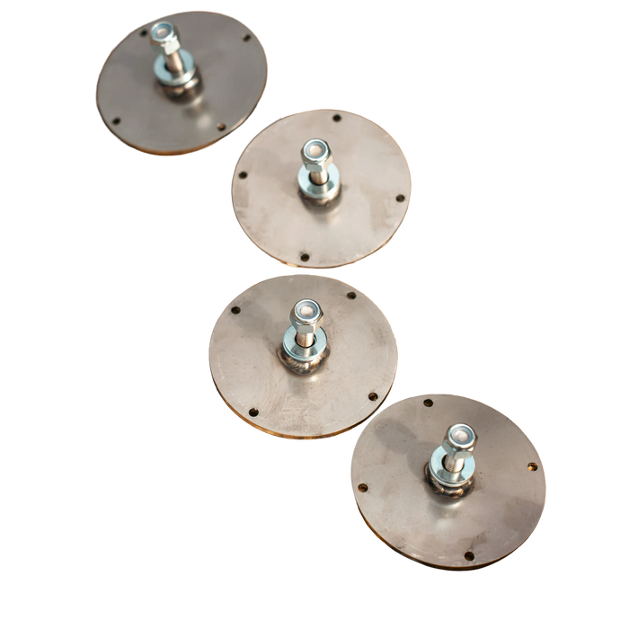 Four round stainless steel CNC mounting plates with M8 bolts and nyloc nuts